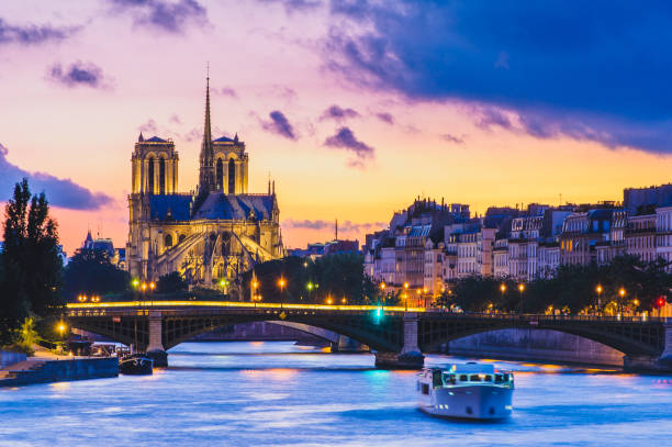 cattedrale di notre dame de paris e senna - travel europe night dome foto e immagini stock