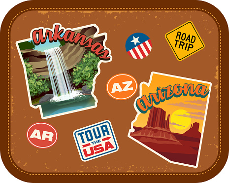 Arkansas, Arizona travel stickers with scenic attractions and retro text. State outline shapes. State abbreviations and tour USA stickers. Vintage suitcase background