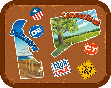 Delaware, Connecticut, travel stickers with scenic attractions and retro text. State outline shapes. State abbreviations and tour USA stickers. Vintage suitcase background