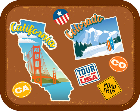 California and Colorado travel stickers with scenic attractions and retro text. State outline shapes. State abbreviations and tour USA stickers. Vintage suitcase background