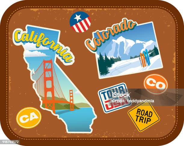 California And Colorado Travel Stickers With Scenic Attractions And Retro Text On Vintage Suitcase Background Stock Illustration - Download Image Now