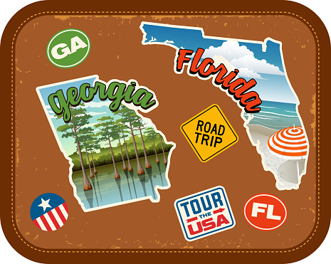 Georgia, Florida, travel stickers with scenic attractions and retro 