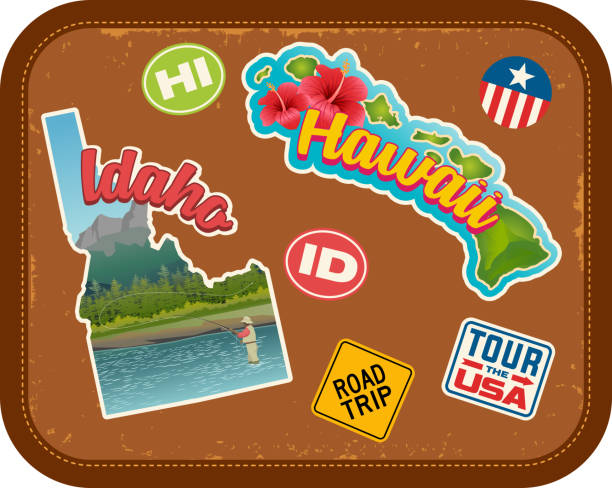 Idaho and Hawaii travel stickers with scenic attractions and retro text on vintage suitcase background Idaho and Hawaii travel stickers with scenic attractions and retro text. State outline shapes. State abbreviations and tour USA stickers. Vintage suitcase background travel sticker stock illustrations