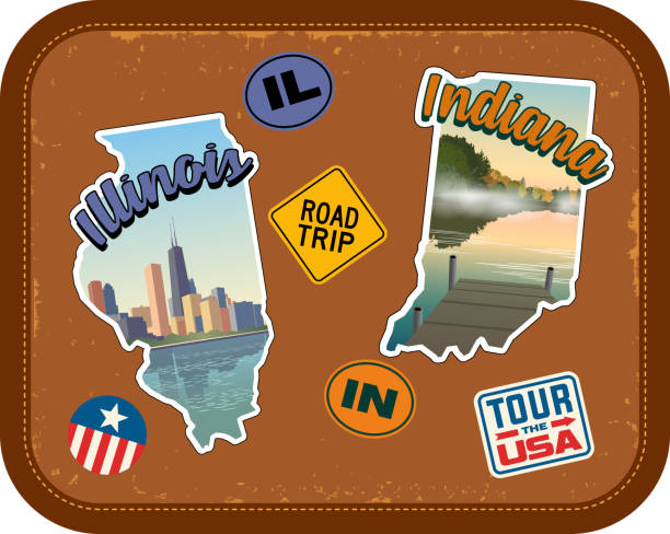 イリノイ州、インディアナ州、ヴィンテージ スーツケースの背景に風光明媚な観光スポットやレトロなステッカーを旅行します。 - abbreviation点のイラスト素材／クリップアート素材／マンガ素材／アイコン素材