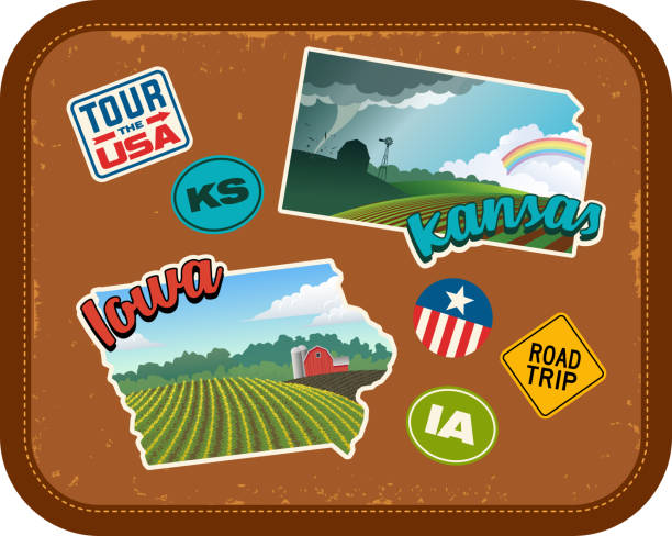 Iowa and Kansas travel stickers with scenic rural landscapes and retro text on vintage suitcase background Iowa and Kansas travel stickers with scenic rural landscapes and retro text. State outline shapes. State abbreviations and tour USA stickers. Vintage suitcase background iowa stock illustrations