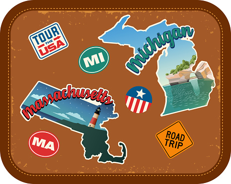 Massachusetts, Michigan travel stickers with scenic attractions and retro text. State outline shapes. State abbreviations and tour USA stickers. Vintage suitcase background