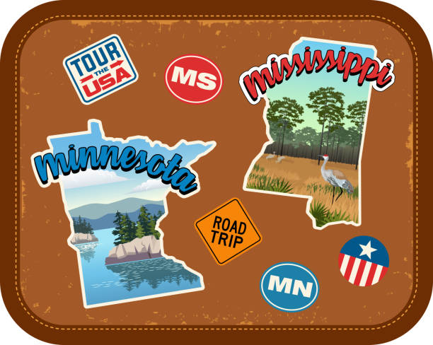 Minnesota, Mississippi travel stickers with scenic attractions and retro text on vintage suitcase background Minnesota, Mississippi travel stickers with scenic attractions and retro text. State outline shapes. State abbreviations and tour USA stickers. Vintage suitcase background minnesota stock illustrations