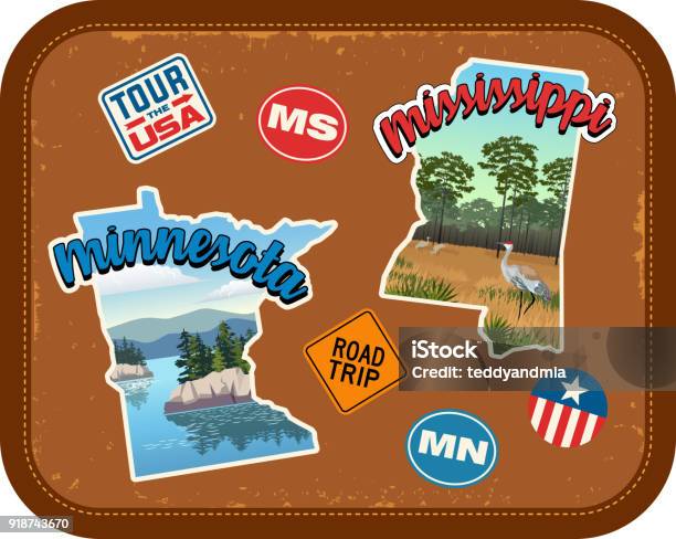 Minnesota Mississippi Travel Stickers With Scenic Attractions And Retro Text On Vintage Suitcase Background Stock Illustration - Download Image Now