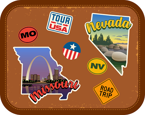 Missouri, Nevada travel stickers with scenic attractions and retro text. State outline shapes. State abbreviations and tour USA stickers. Vintage suitcase background