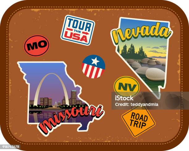 Missouri Nevada Travel Stickers With Scenic Attractions And Retro Text On Vintage Suitcase Background Stock Illustration - Download Image Now