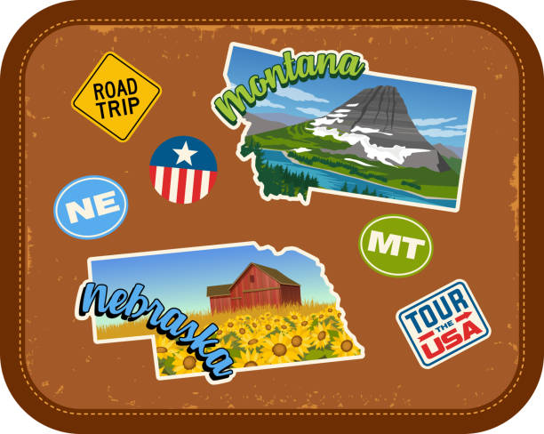 ilustraciones, imágenes clip art, dibujos animados e iconos de stock de montana, nebraska viajes pegatinas con interés escénicos y texto retro sobre fondo de maleta vintage - montana map usa old