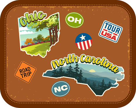 Ohio, North Carolina travel stickers with scenic attractions and retro text. State outline shapes. State abbreviations and tour USA stickers. Vintage suitcase background