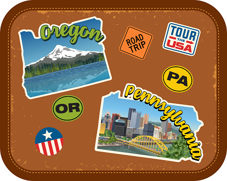 Oregon, Pennsylvania travel stickers with scenic attractions and retro text. State outline shapes. State abbreviations and tour USA stickers. Vintage suitcase background