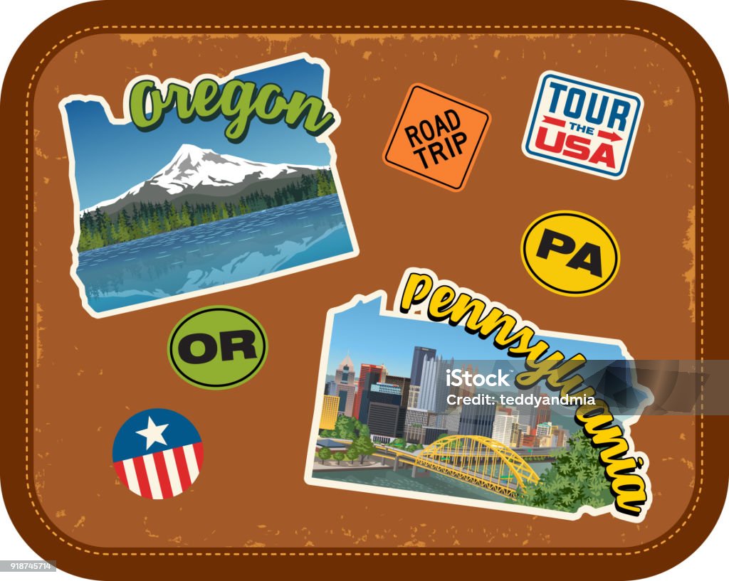 Oregon, Pennsylvania travel stickers with scenic attractions and retro text on vintage suitcase background Oregon, Pennsylvania travel stickers with scenic attractions and retro text. State outline shapes. State abbreviations and tour USA stickers. Vintage suitcase background Travel Sticker stock vector