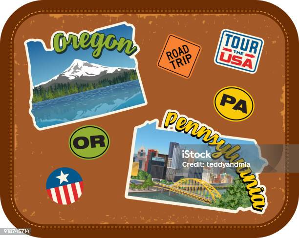 Oregon Pennsylvania Travel Stickers With Scenic Attractions And Retro Text On Vintage Suitcase Background Stock Illustration - Download Image Now