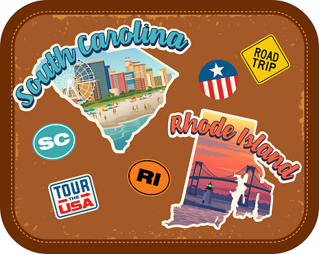 South Carolina, Rhode Island travel stickers with scenic attractions and retro text. State outline shapes. State abbreviations and tour USA stickers. Vintage suitcase background