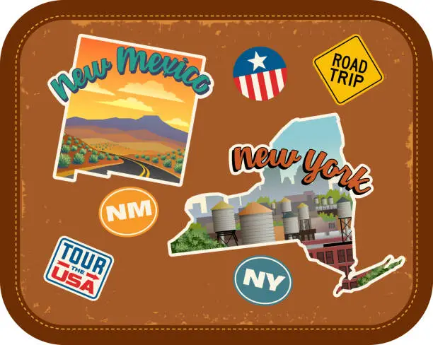 Vector illustration of New Mexico, New York travel stickers with scenic attractions and retro text on vintage suitcase background