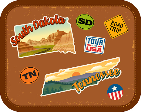 South Dakota, Tennessee travel stickers with scenic attractions and retro text. State outline shapes. State abbreviations and tour USA stickers. Vintage suitcase background