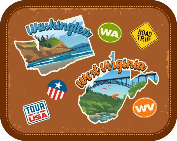 Washington, West Virginia travel stickers with scenic attractions and retro text on vintage suitcase background Washington, West Virginia travel stickers with scenic attractions and retro text. State outline shapes. State abbreviations and tour USA stickers. Vintage suitcase background travel sticker stock illustrations
