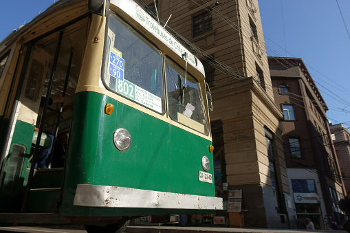 Valparaiso, Chile - January 18, 2018: the old tram runs on the city streets of Valparaiso. Old trolleybus system from 1950 's is one of the icons of Valparaiso city.