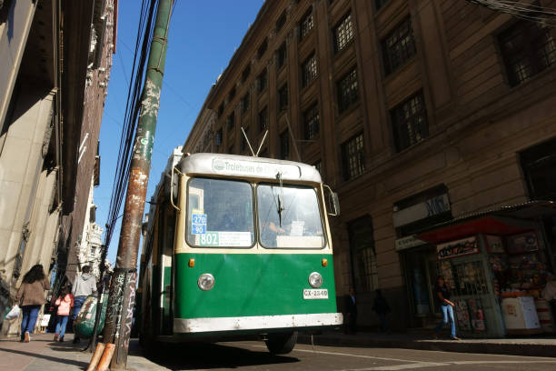 Valparaiso, Chile - January 18, 2018: the old tram runs on the city streets of Valparaiso. Old trolleybus system from 1950 's is one of the icons of Valparaiso city.