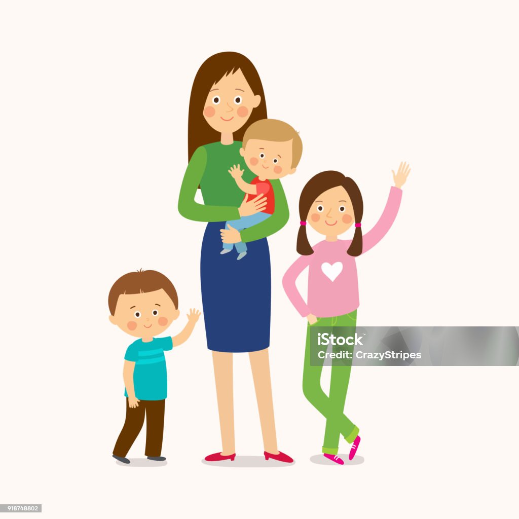 Mother with three children. Happy family. Mother with three children. Happy family. Cartoon vector eps 10 illustration isolated on white background in a flat style. Offspring stock vector