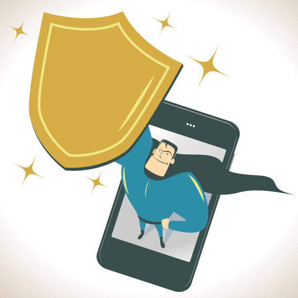 Superhero standing on a smart phone (mobile phone) and looking upward and holding a gold shield Cool Man Characters Manga Style Cartoon Vector art illustration.Copy Space, Full Length, White Background. super money stock illustrations