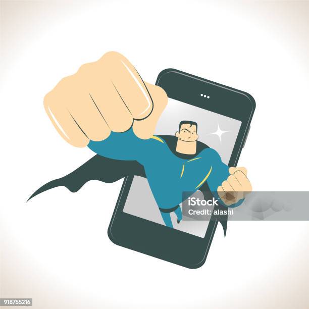 Superhero Flying From A Smart Phone And Looking Upward And Showing A Big Fist Stock Illustration - Download Image Now