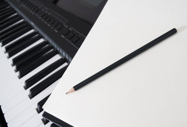 istock Piano keyboard, pen and sheet. Concept of composing song. 918757702