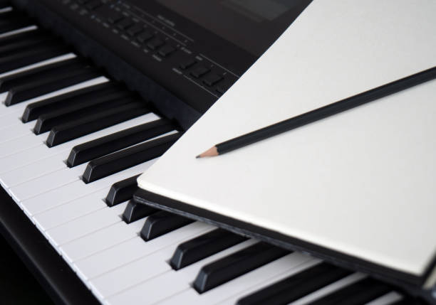 istock Piano keyboard, pen and sheet. Concept of composing song. 918757722