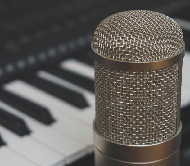 istock Piano keyboard and condenser microphone. Concept of home music studio. 918757754
