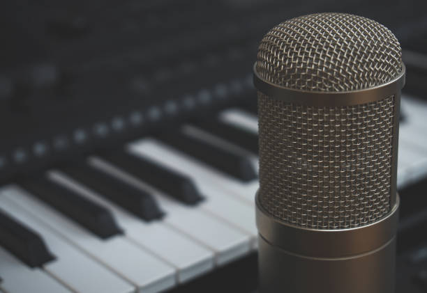 istock Piano keyboard and condenser microphone. Concept of home music studio. 918757758