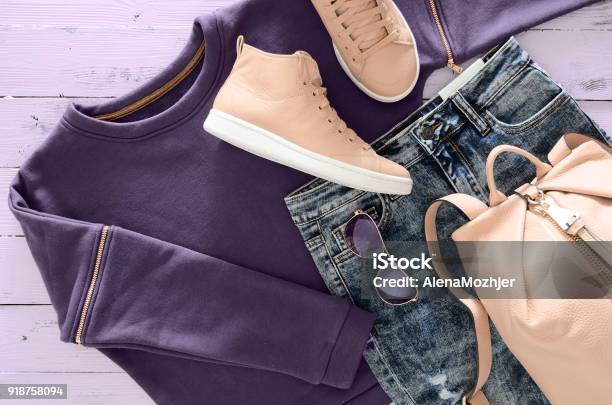 Womens Clothing Accessories Footwear On Wooden Background Outfit For Teens Top View Flat Lay Trendy Colors Stock Photo - Download Image Now