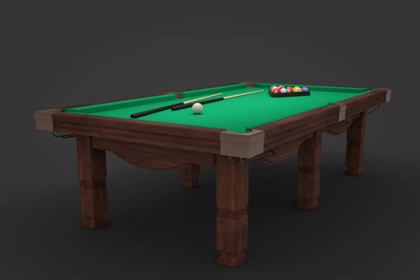 istock 3d rendering of a billiards table with two cue sticks and a rack with balls on its surface 918761112
