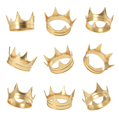 Render 3D de un conjunto de varias coronas de oro en un fondo blanco en diferentes ángulos photo