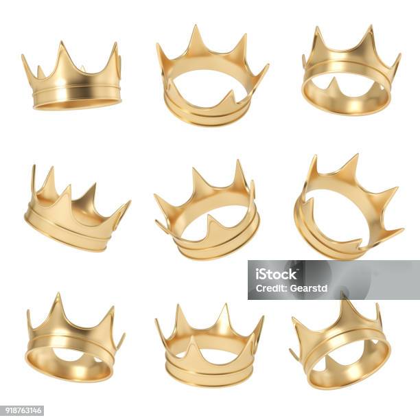 3d Rendering Of A Set Made Up Of Several Golden Crowns Hanging On A White Background In Different Angles Stock Photo - Download Image Now