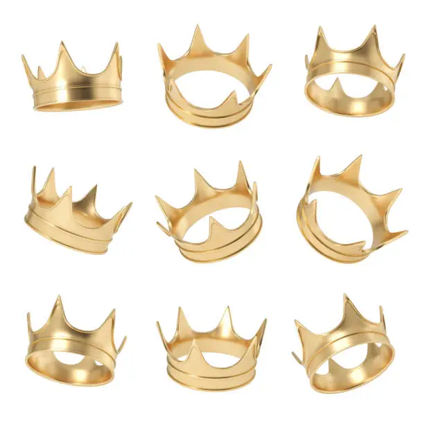 3d rendering of a set made up of several golden crowns hanging on a white background in different angles. Royal power. Monarchy and leadership. Precious gold circlet.