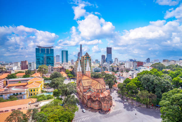 Aerial view of Notre-Dame Cathedral Basilica of Saigon Aerial view of Notre-Dame Cathedral Basilica of Saigon basilica photos stock pictures, royalty-free photos & images