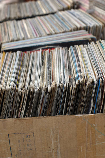 istock Stack of used vinyl records in covers put on sale 918767516