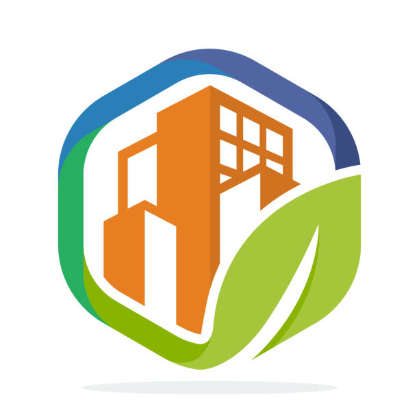 logo-symbol sechseck form mit dem managementkonzept der grüne städte - nachhaltig bauen stock-grafiken, -clipart, -cartoons und -symbole