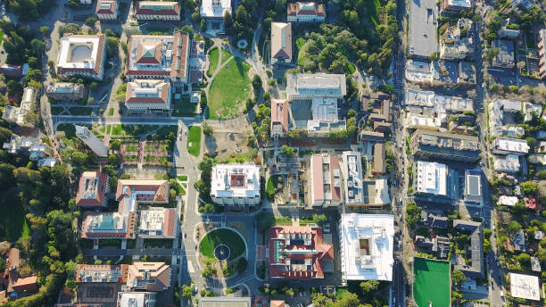 Drone Aerial over Suburban/Urban City, College Campus UC Berkeley Aerial berkeley california stock pictures, royalty-free photos & images