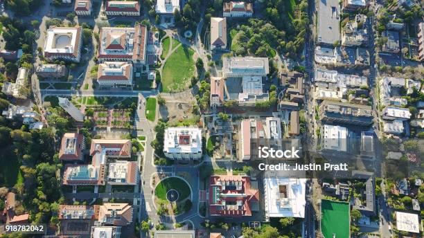 Drone Aerial Over Suburbanurban City College Campus Stock Photo - Download Image Now