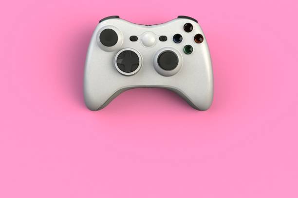 istock Computer game competition. Gaming concept. White joystick isolated on pink background, 3D rendering 918790242