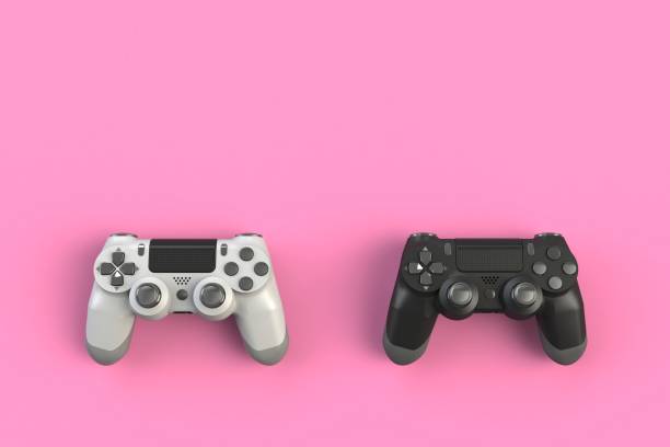 istock Computer game competition. Gaming concept. White and black joystick isolated on pink background, 3D rendering 918790368