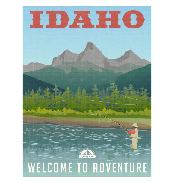 アイダホ州、アメリカ合衆国は、ポスターやステッカーを旅行します。渓流をフライフィッシングします。 - idaho mountains点のイラスト素材／クリップアート素材／マンガ素材／アイコン素材