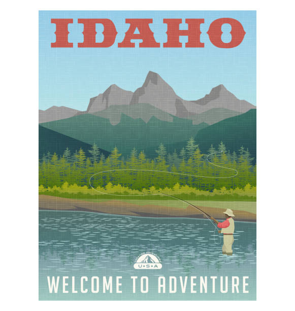 Idaho, United States travel poster or sticker. Fly fishing in mountain stream. Idaho, United States travel poster or sticker. Fly fishing in mountain stream. Vector illustration. riverbank stock illustrations