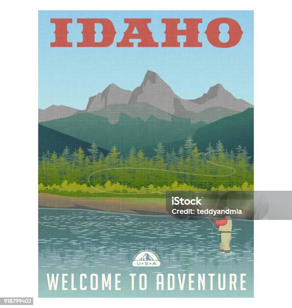 Idaho United States Travel Poster Or Sticker Fly Fishing In Mountain Stream Stock Illustration - Download Image Now