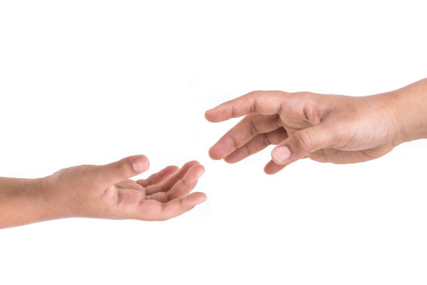 istock Two hands try to reach. Help concept. Isolated on white 918805856