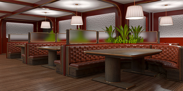 Interior of the restaurant, cafe. Leather sofas, wooden tables. 3d illustration