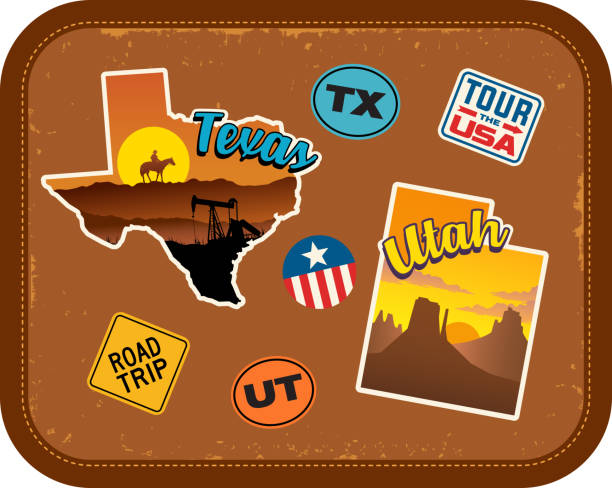 Texas, Utah travel stickers with scenic attractions and retro text. State outline shapes. State abbreviations and tour USA stickers. Vintage suitcase background